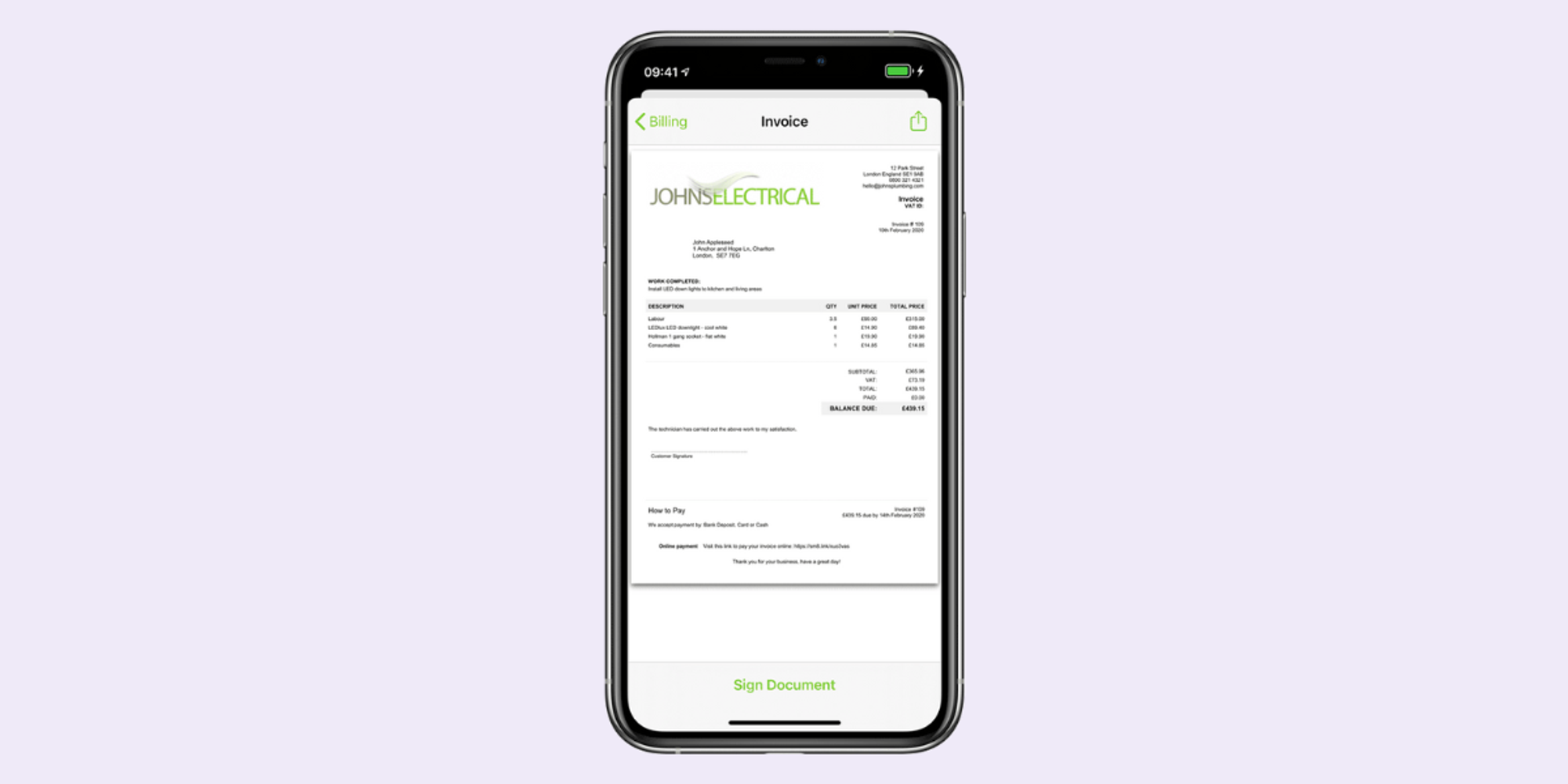 ServiceM8 invoice for electrical engineering company.